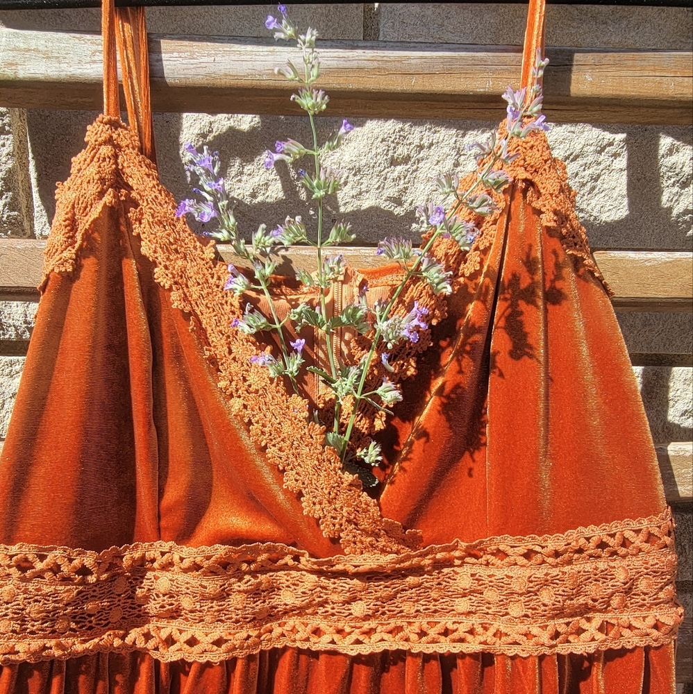 Strappy tangerine velvet lace dress